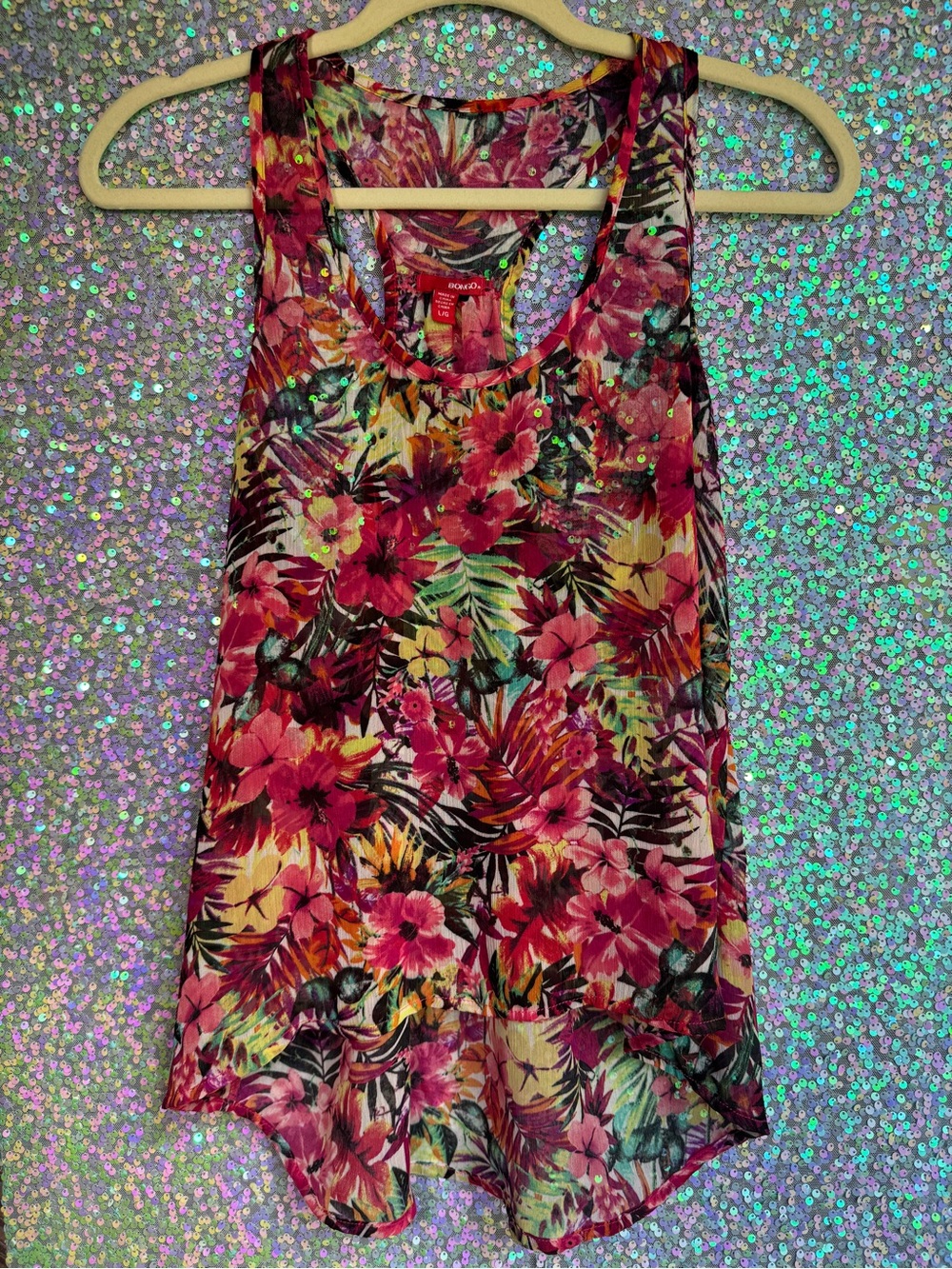 BONGO Sheer Tropical Floral Print Tank Top